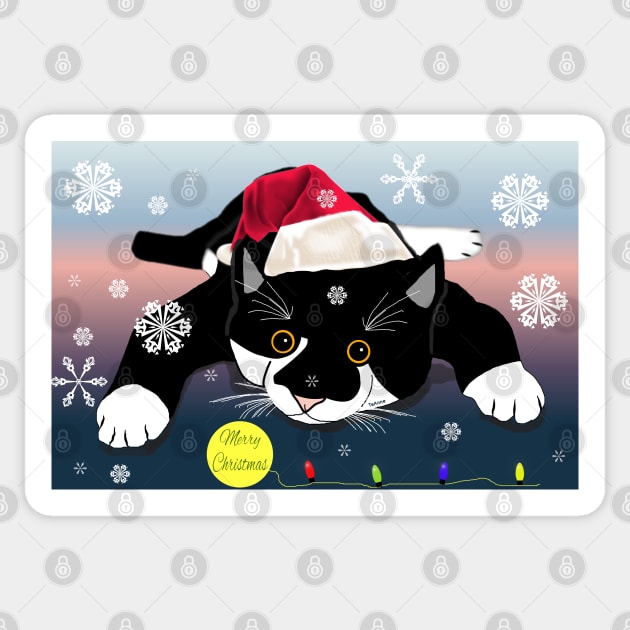 : Cute Tuxedo cat wishing Merry Christmas or Merry Catmas .Copyright TeAnne Sticker by TeAnne